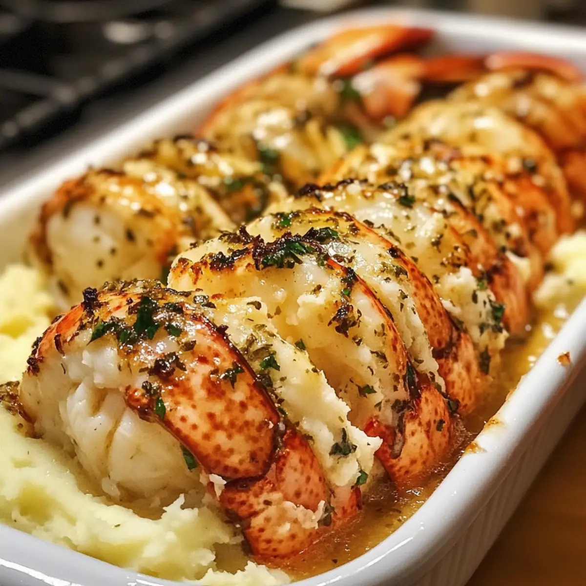 Baked Lobster Tails with Garlic Herb Butter Sauce and Creamy Mashed Potatoes