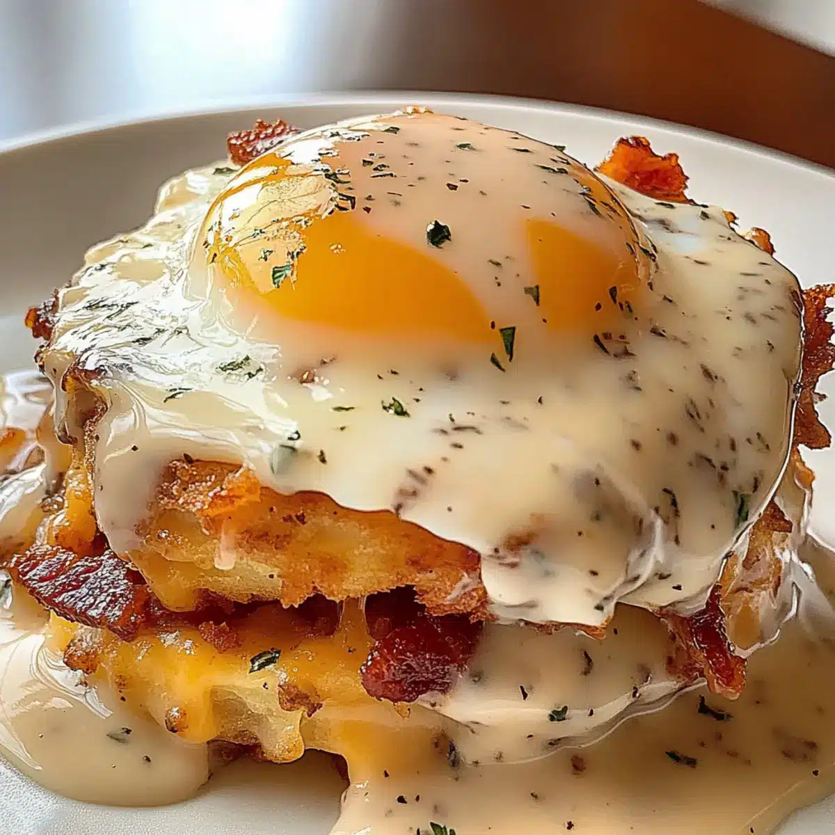 Egg Topped Hash Browns With Bacon Gravy