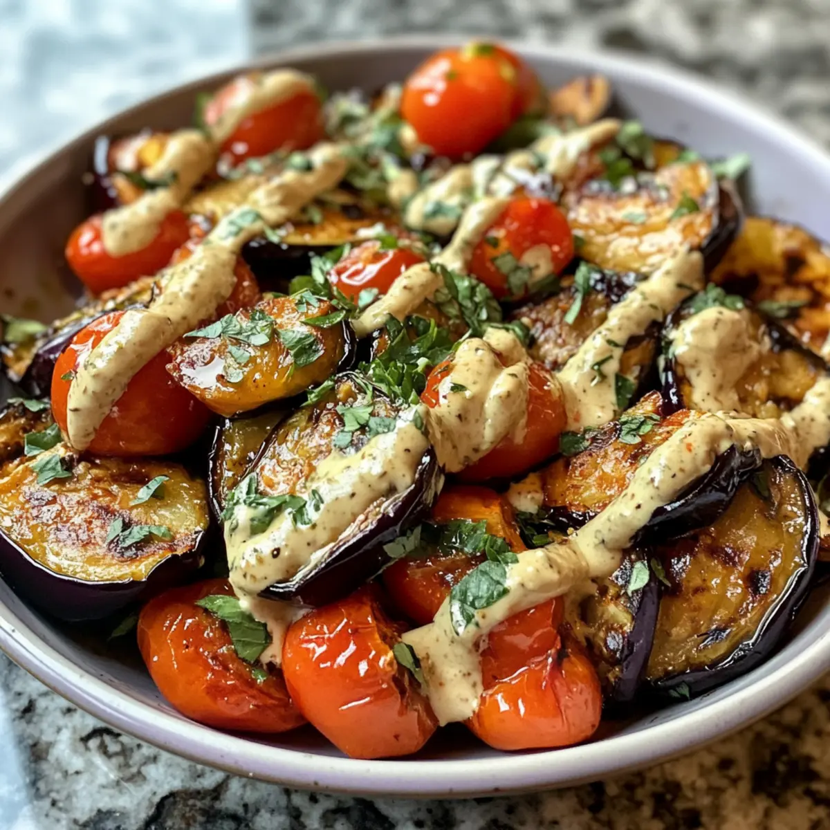Roasted Eggplant Moroccan Salad with Tahini Drizzle