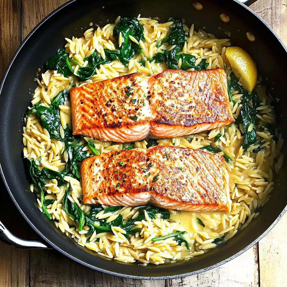 One Skillet Salmon with Lemon Orzo