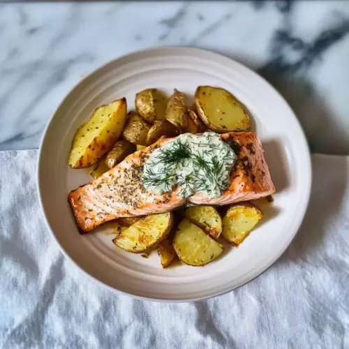 Dill salmon with potato wedges